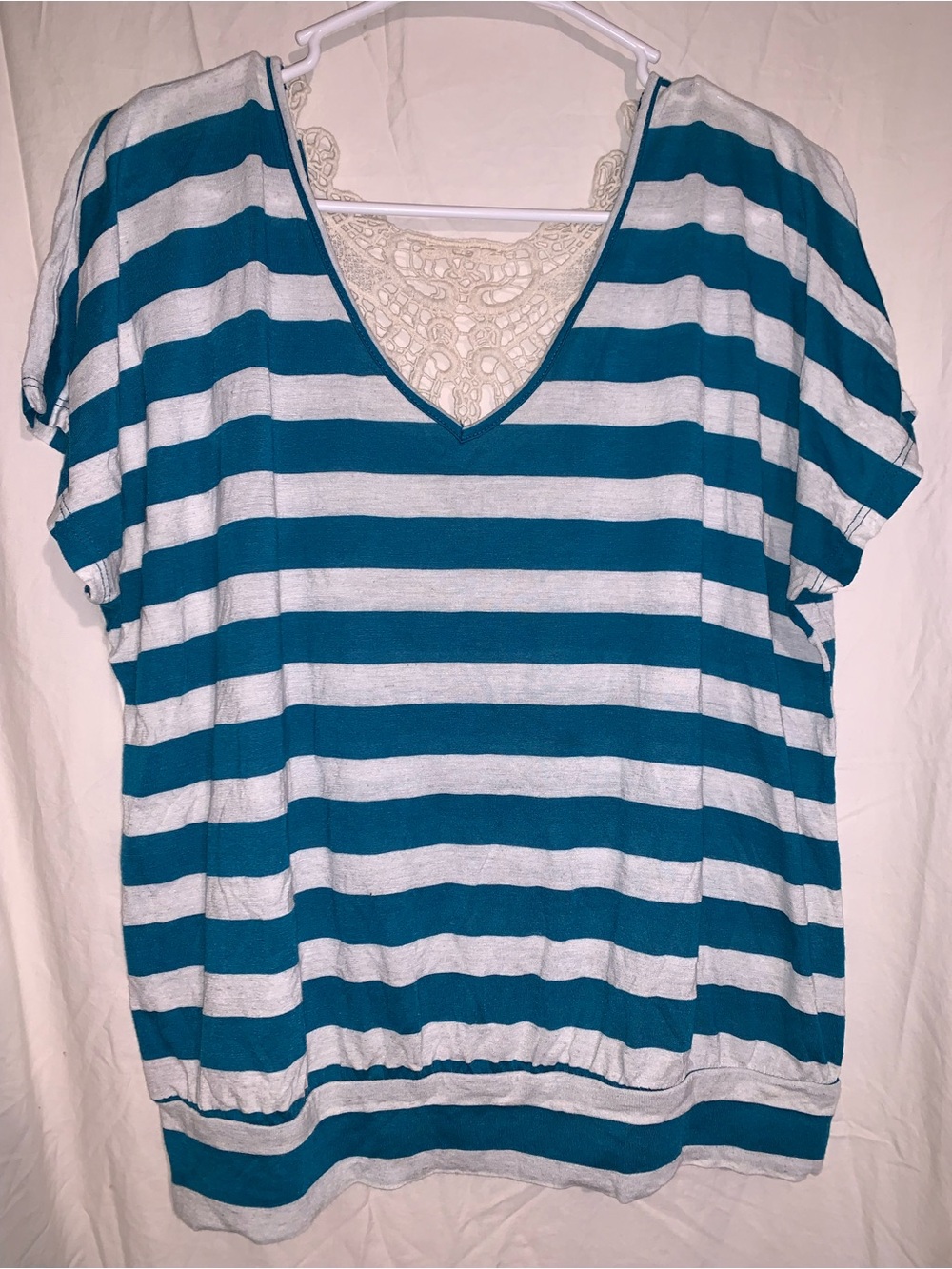 Weavers Teal and White Striped Short Sleeve Tee with Lace Back
